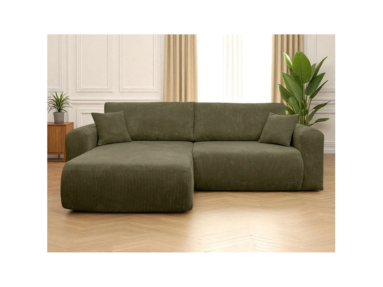 Canapé ALYA d'angle compacte réversible et convertible 4 places en velours côtelé - Vert kaki