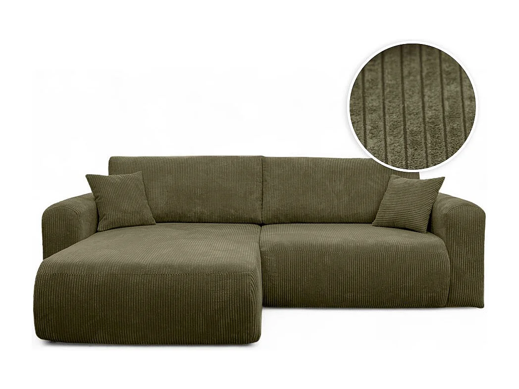Canapé ALYA d'angle compacte réversible et convertible 4 places en velours côtelé - Vert kaki
