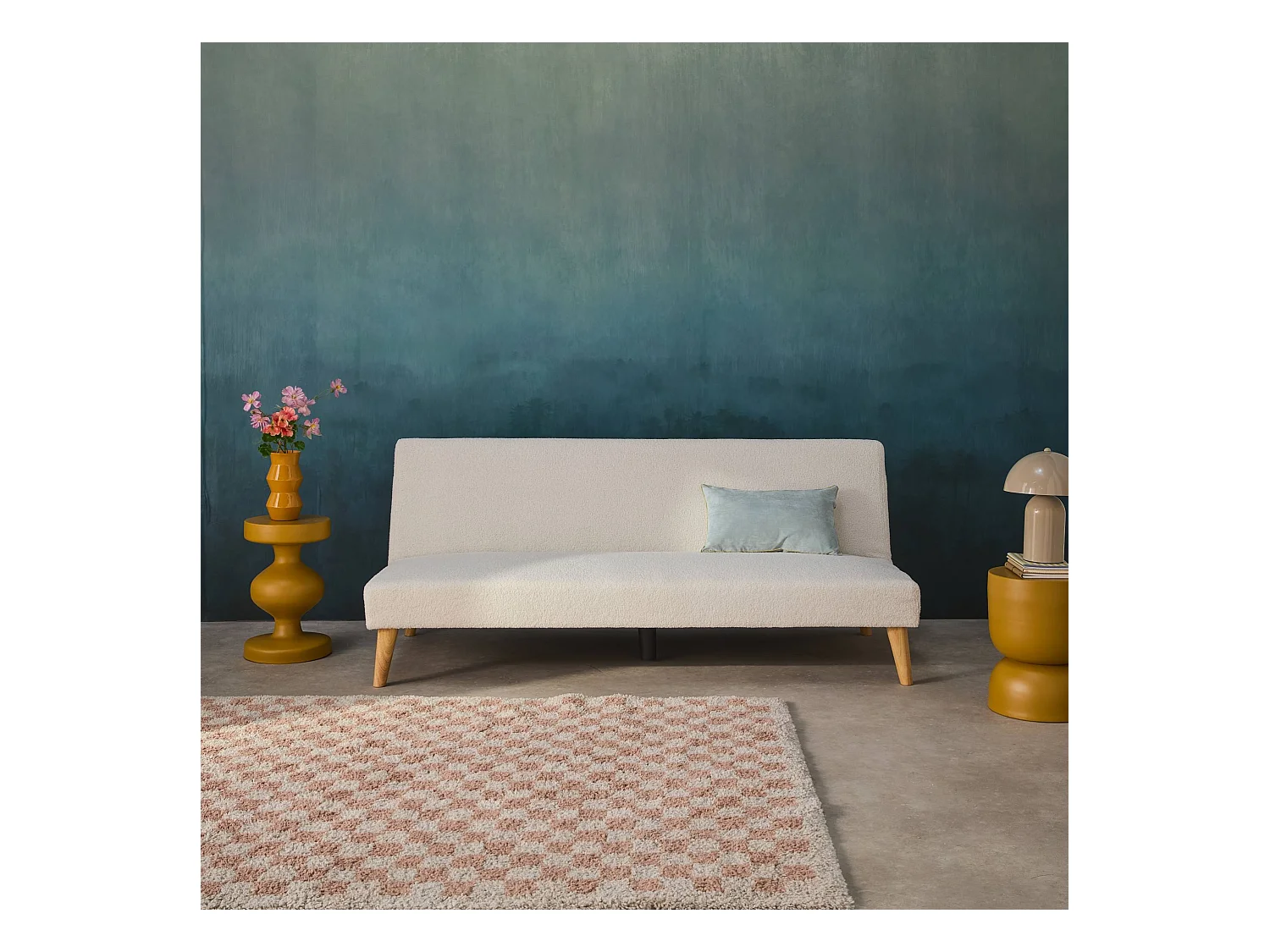 Divano panca convertibile 3 posti bouclé gambe legno, bianco