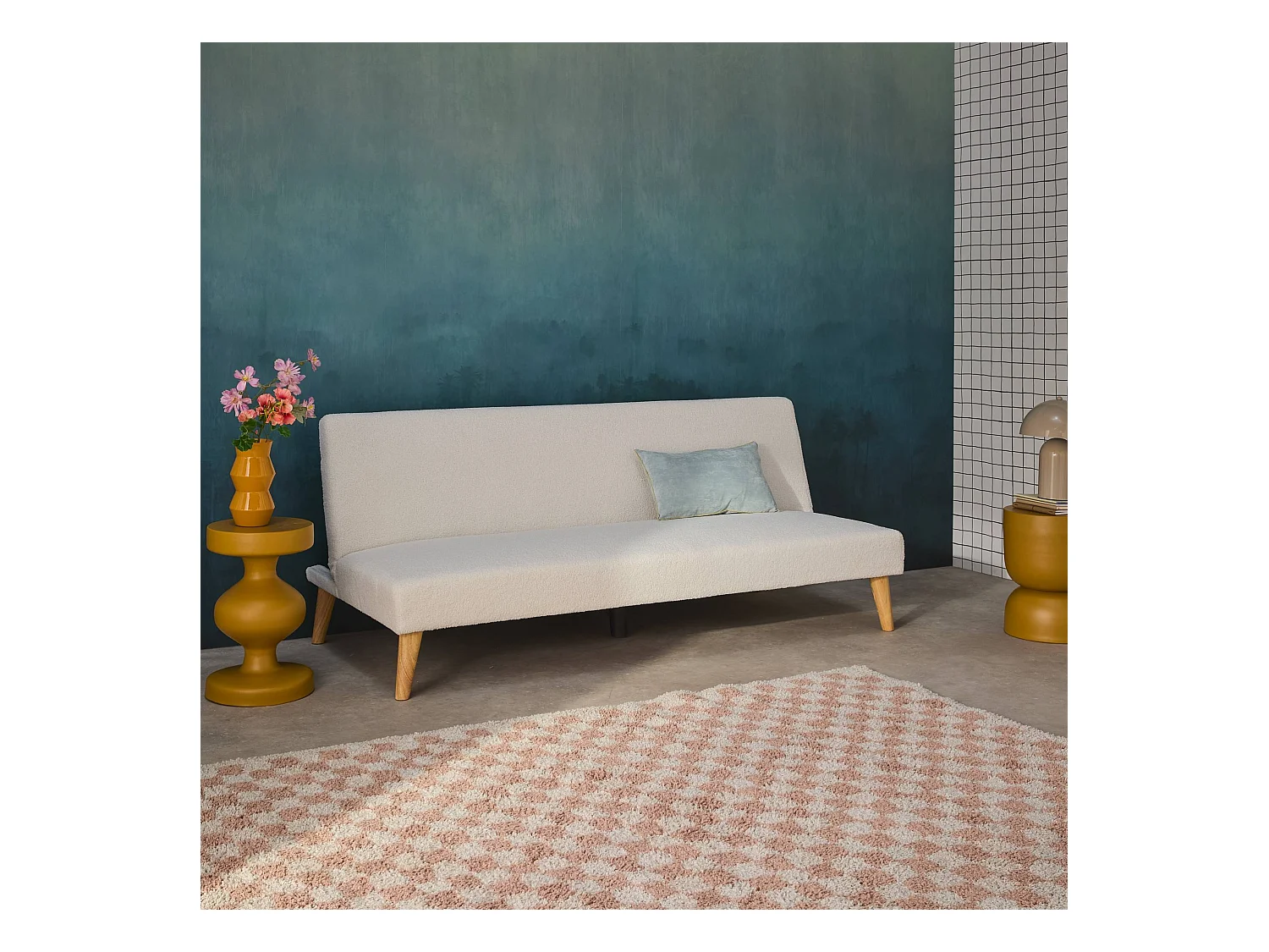 Divano panca convertibile 3 posti bouclé gambe legno, bianco