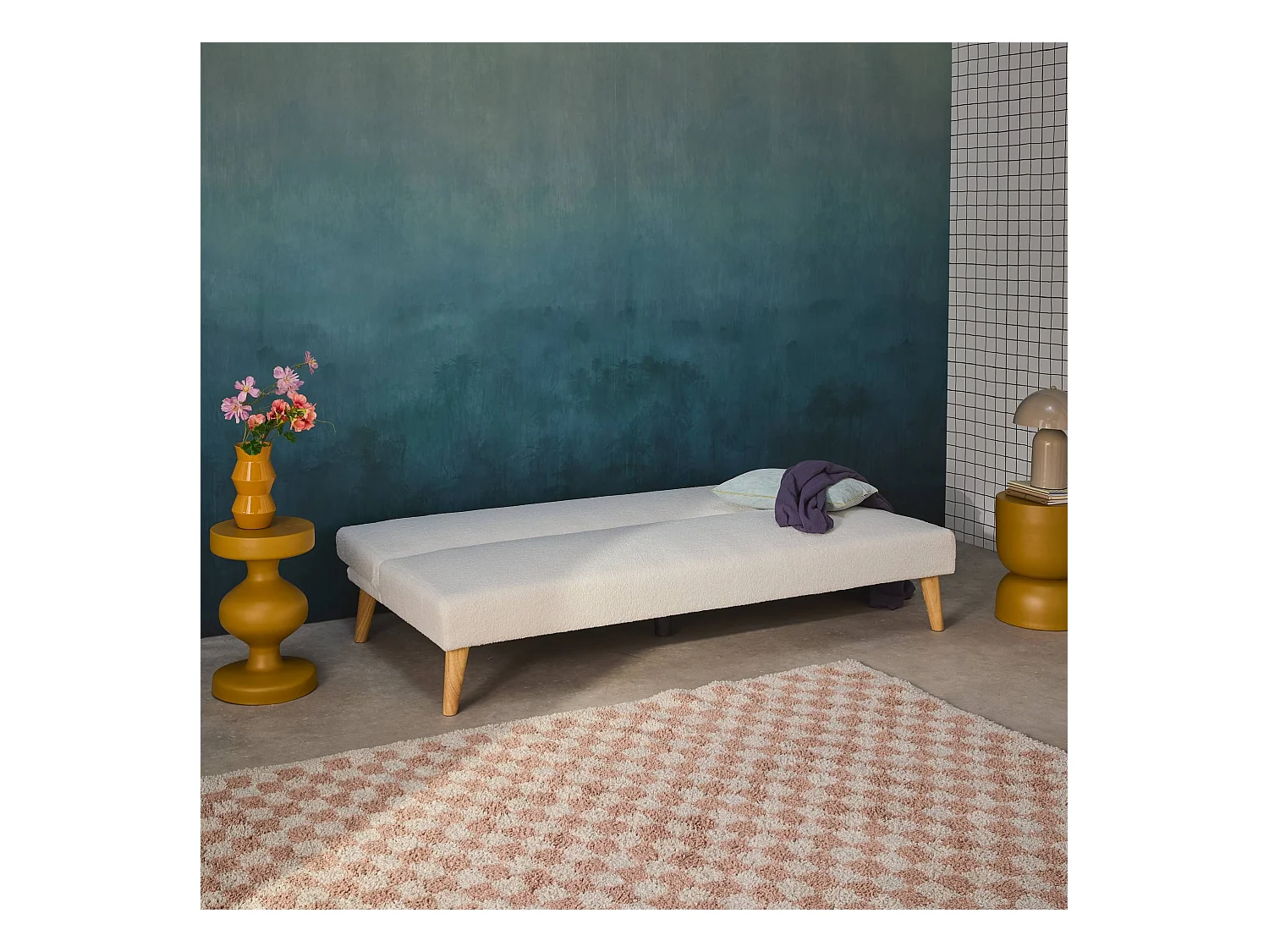 Divano panca convertibile 3 posti bouclé gambe legno, bianco