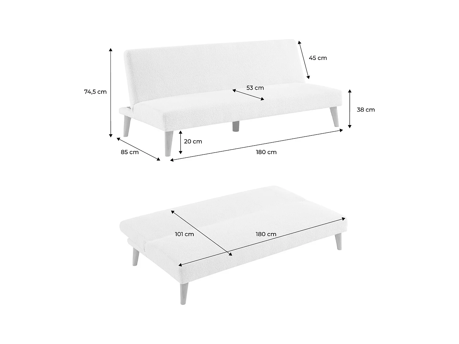 Divano panca convertibile 3 posti bouclé gambe legno, bianco