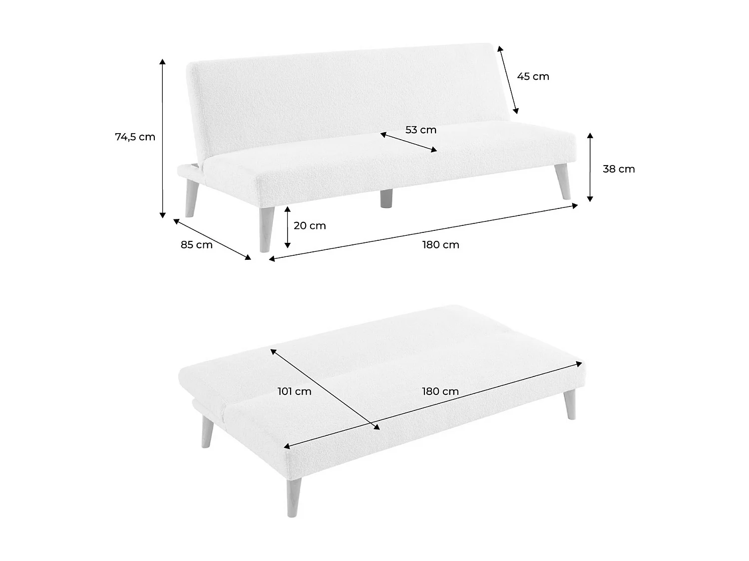Canapé banquette convertible 3 places bouclette blanche piètement bois d'hévéa L 180 x P 100 x H 74.5 cm - Tom