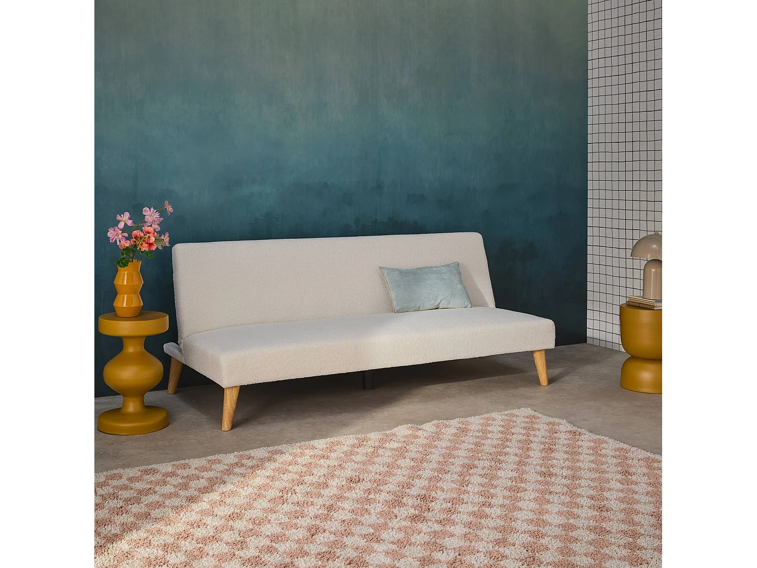 Canapé banquette convertible 3 places bouclette blanche piètement bois d'hévéa L 180 x P 100 x H 74.5 cm - Tom