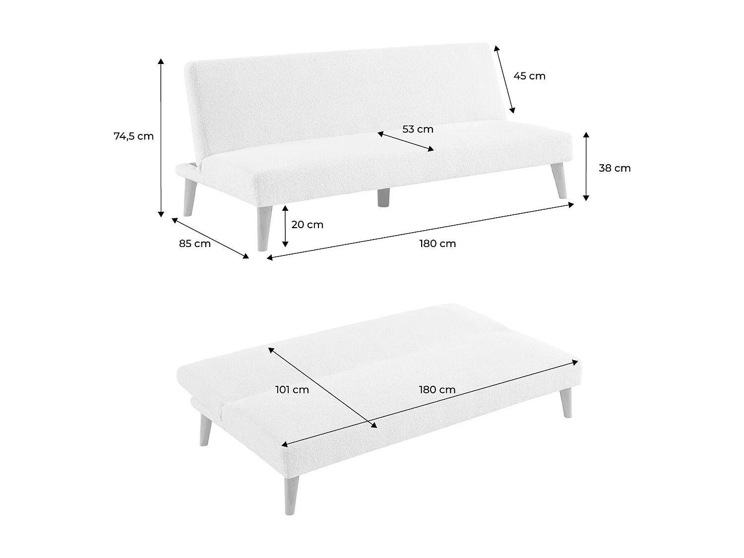 Canapé banquette convertible 3 places bouclette blanche piètement bois d'hévéa L 180 x P 100 x H 74.5 cm - Tom