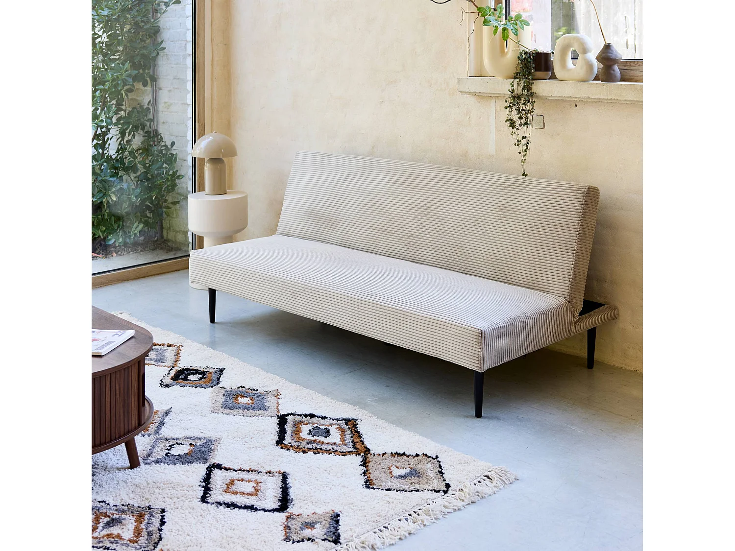 Canapé banquette convertible 3 places velours côtelé greige piétement métal L 180 x P 100 x H 74.5 cm - Max