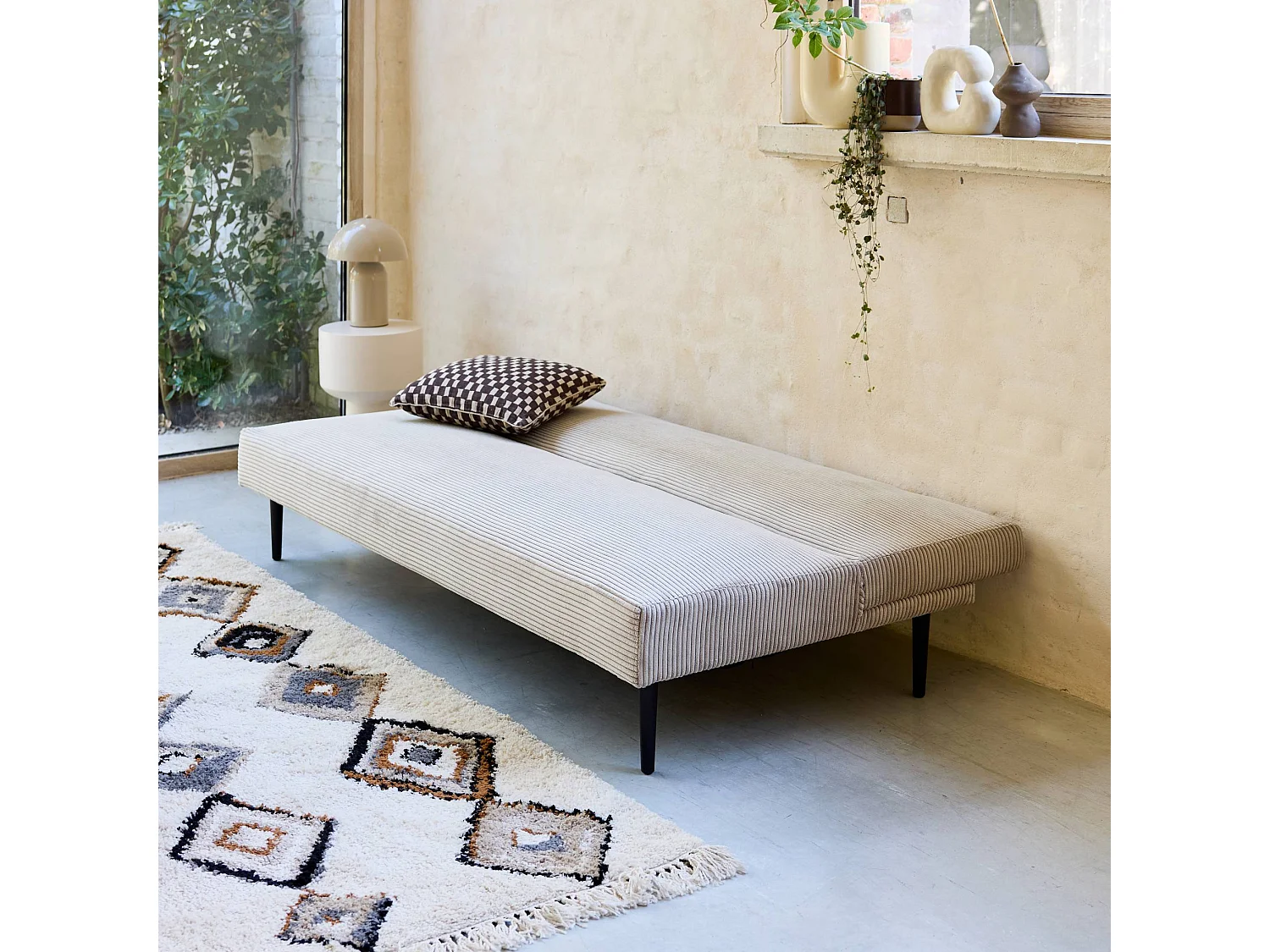 Canapé banquette convertible 3 places velours côtelé greige piétement métal L 180 x P 100 x H 74.5 cm - Max