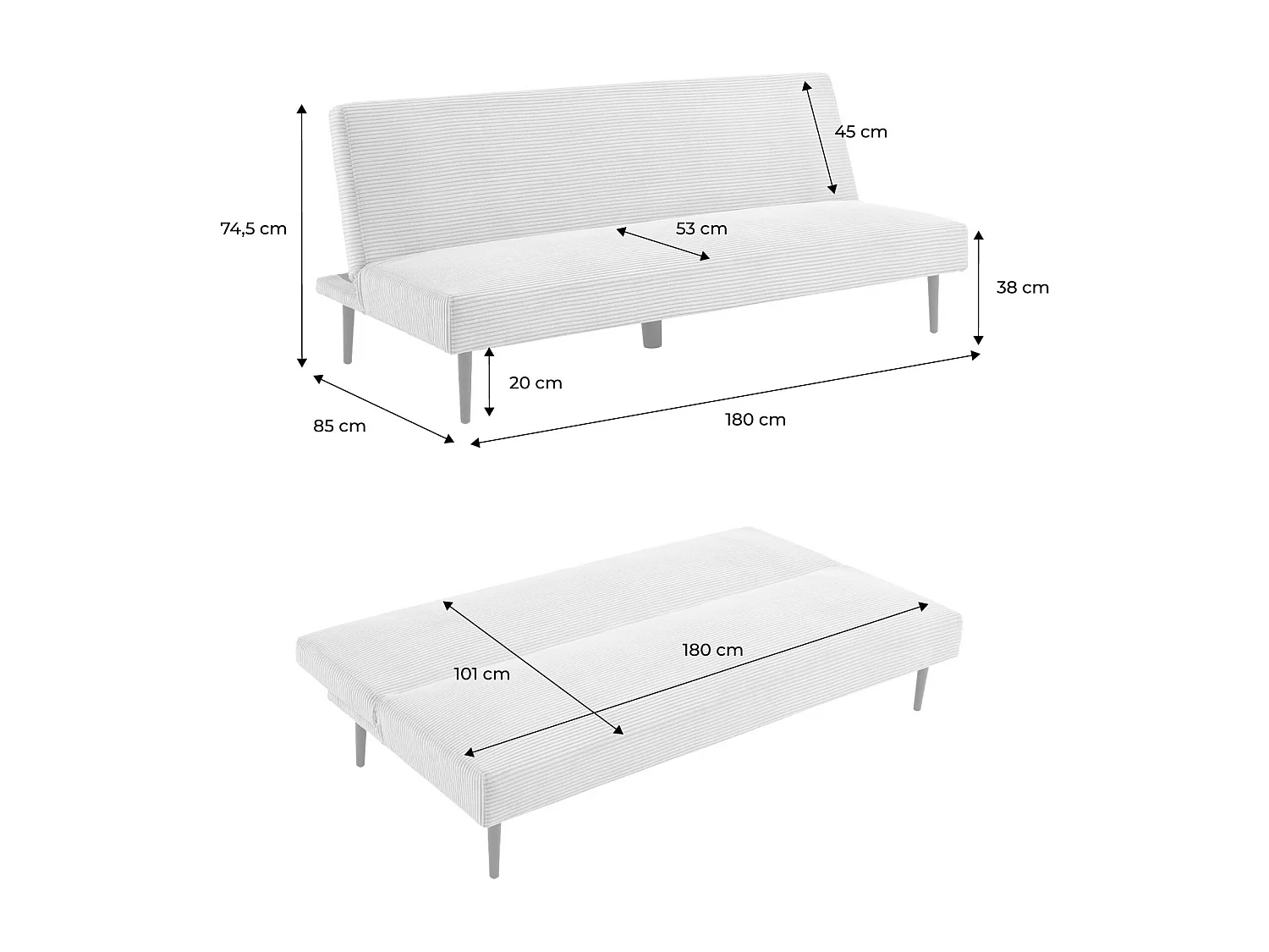 Canapé banquette convertible 3 places velours côtelé greige piétement métal L 180 x P 100 x H 74.5 cm - Max