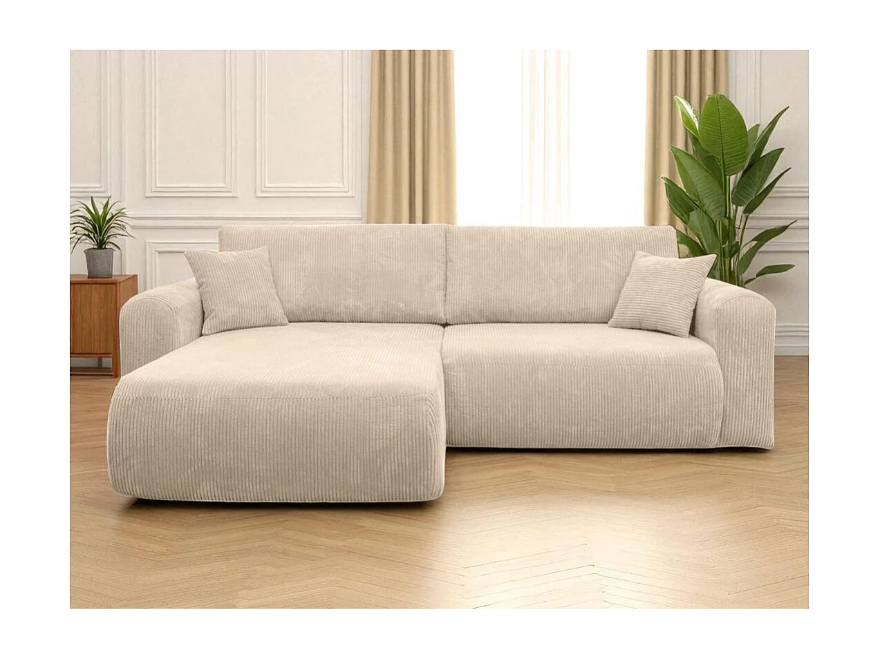 Canapé ALYA d'angle compacte réversible et convertible 4 places en velours côtelé - Beige