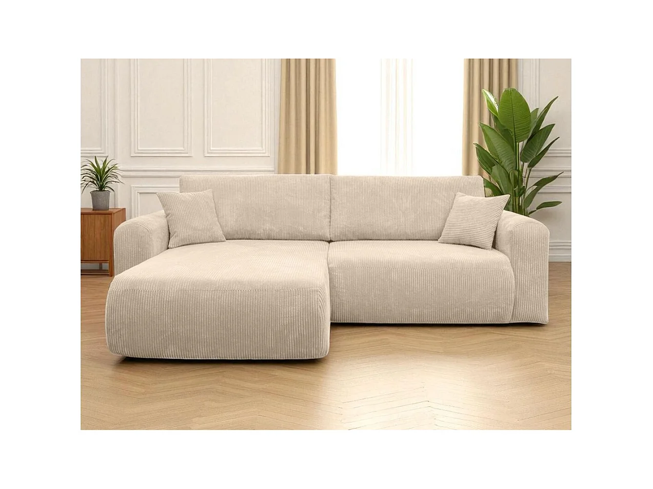 Canapé ALYA d'angle compacte réversible et convertible 4 places en velours côtelé - Beige