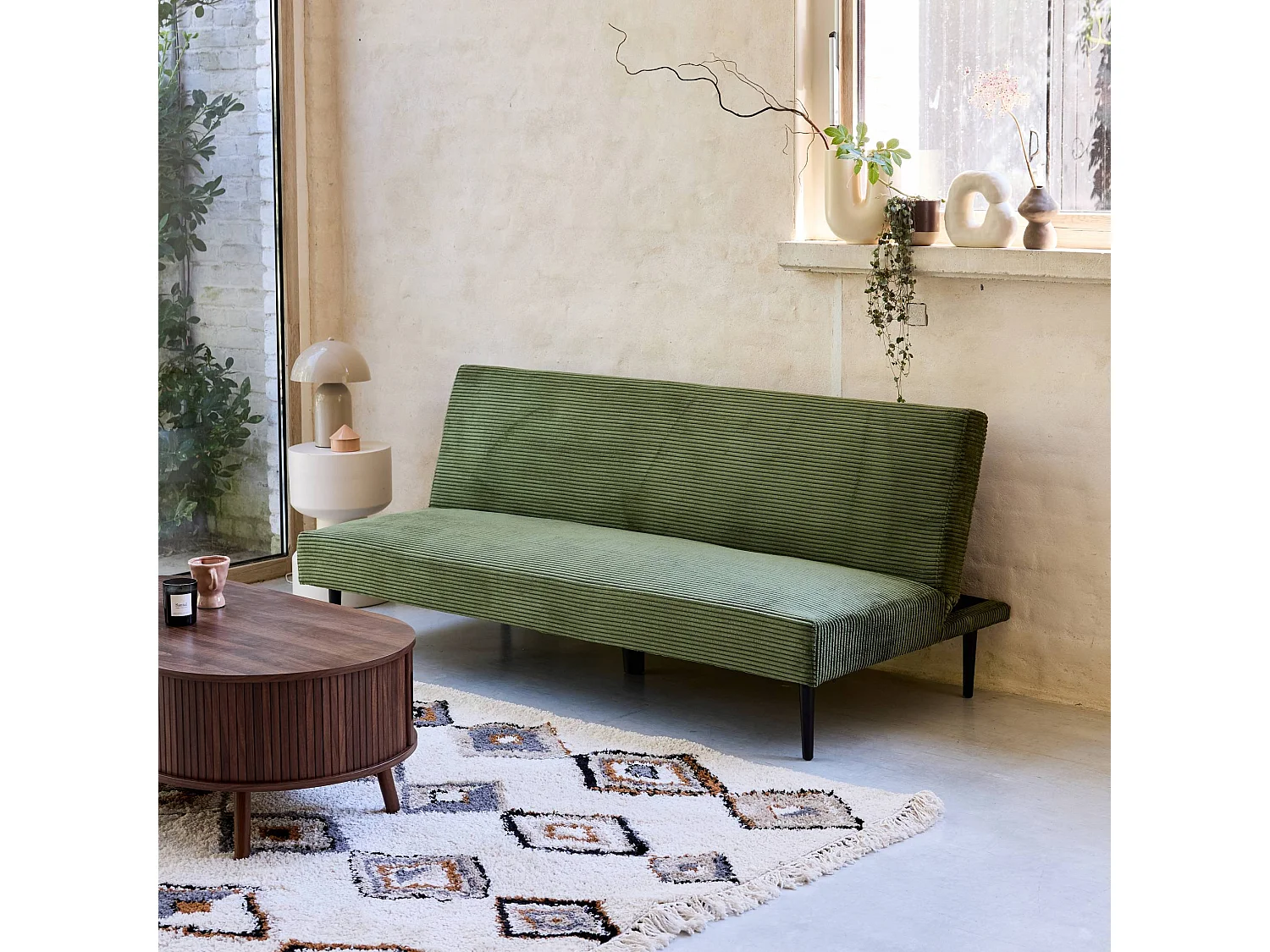 Canapé banquette convertible 3 places velours côtelé kaki piétement métal L 180 x P 100 x H 74.5 cm - Max