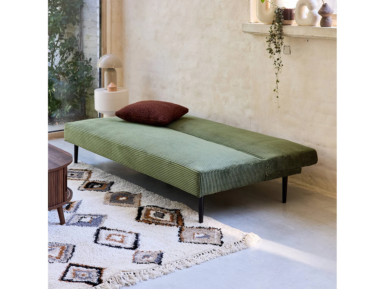 Canapé banquette convertible 3 places velours côtelé kaki piétement métal L 180 x P 100 x H 74.5 cm - Max