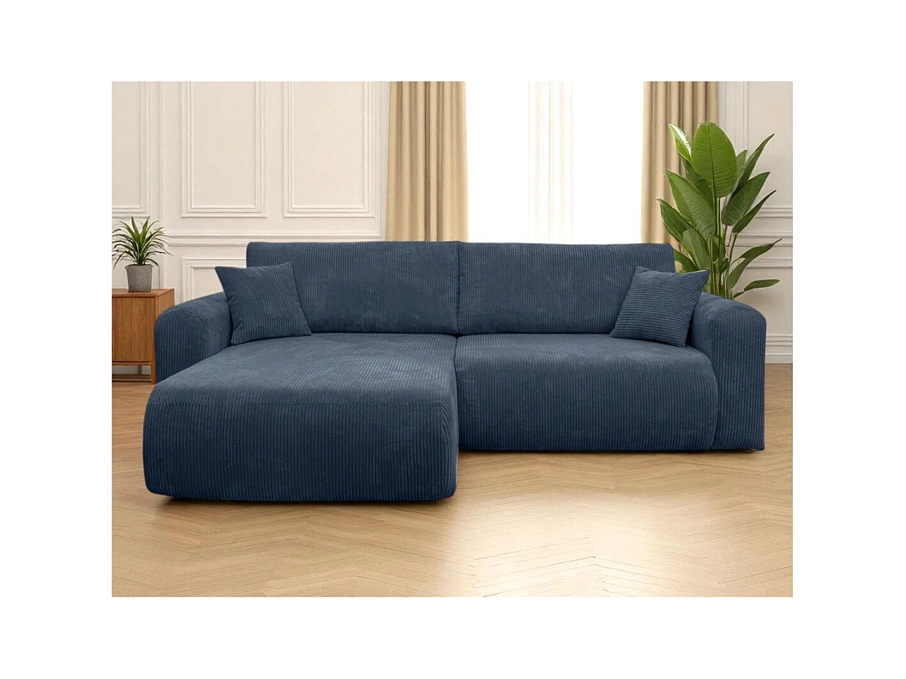 Canapé ALYA d'angle compacte réversible et convertible 4 places en velours côtelé - Bleu foncé