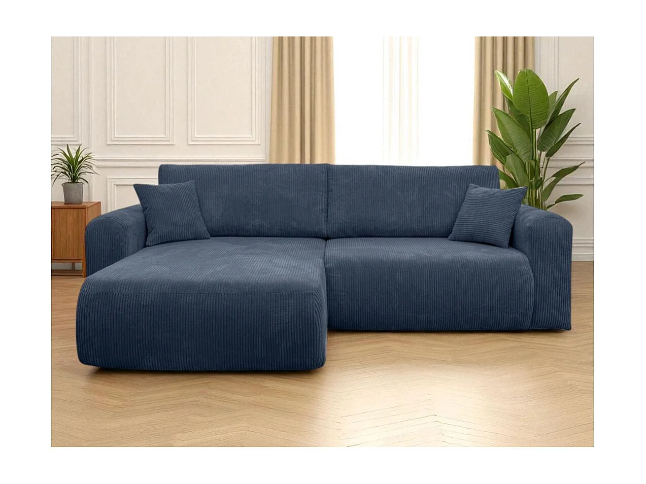 Canapé ALYA d'angle compacte réversible et convertible 4 places en velours côtelé - Bleu foncé