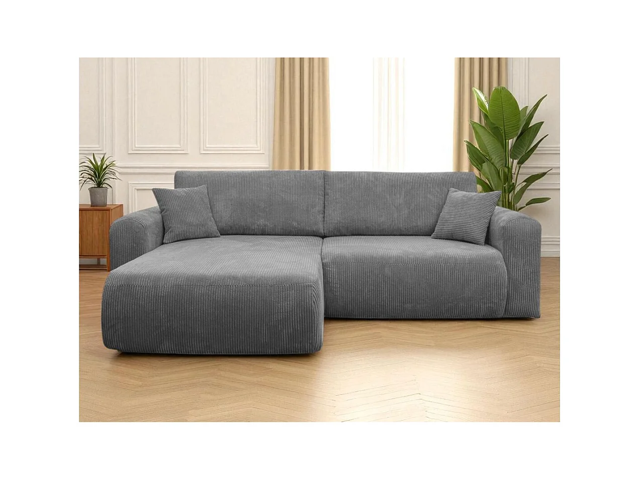 Canapé ALYA d'angle compacte réversible et convertible 4 places en velours côtelé - Gris