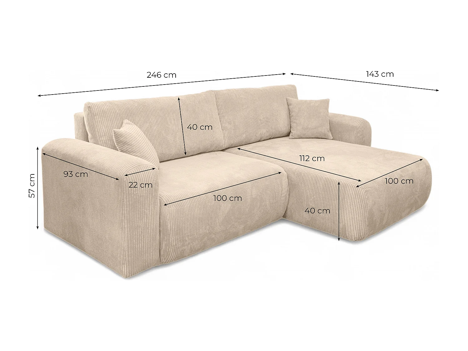 Canapé ALYA d'angle compacte réversible et convertible 4 places en velours côtelé - Gris