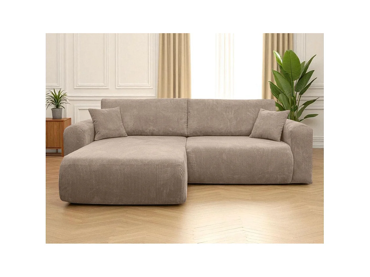 Canapé ALYA d'angle compacte réversible et convertible 4 places en velours côtelé - Taupe