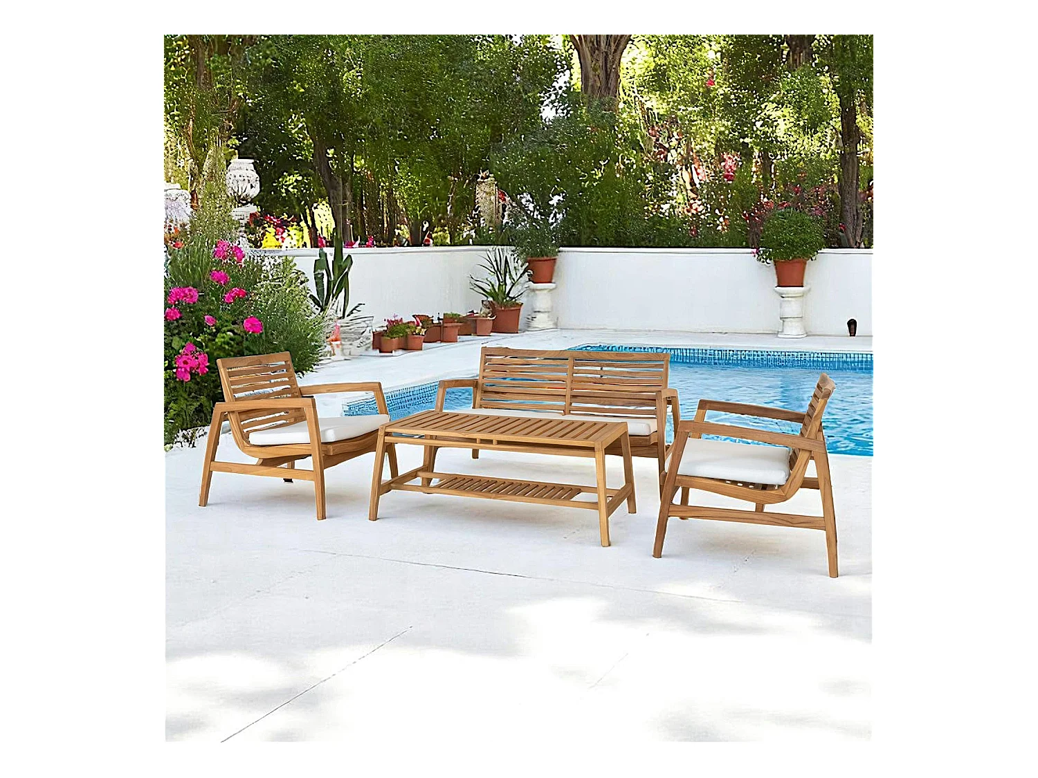 Salon de jardin en teck (1 canapé, 2 fauteuils, 1 table basse) MENDOZA