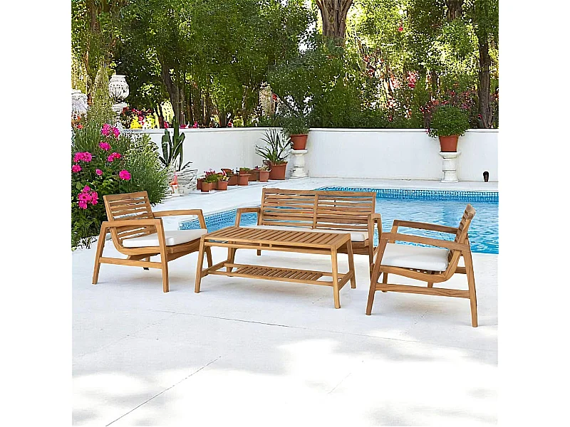 Salon de jardin en teck (1 canapé, 2 fauteuils, 1 table basse) MENDOZA