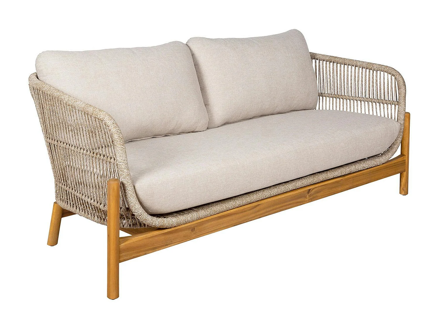 Salon de jardin en bois d'acacia et corde (1 canapé, 2 fauteuils, 1 table basse ronde) MENDOZA