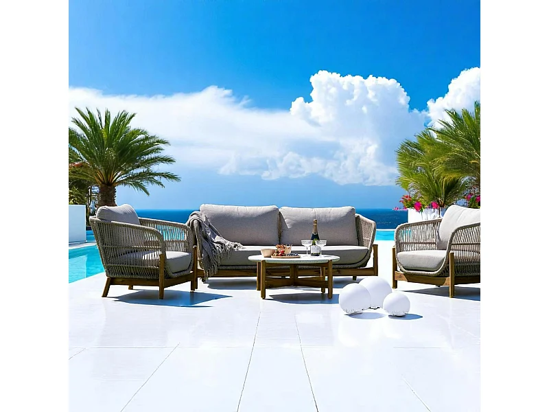 Salon de jardin en bois d'acacia et corde (1 canapé, 2 fauteuils, 1 table basse ronde) MENDOZA