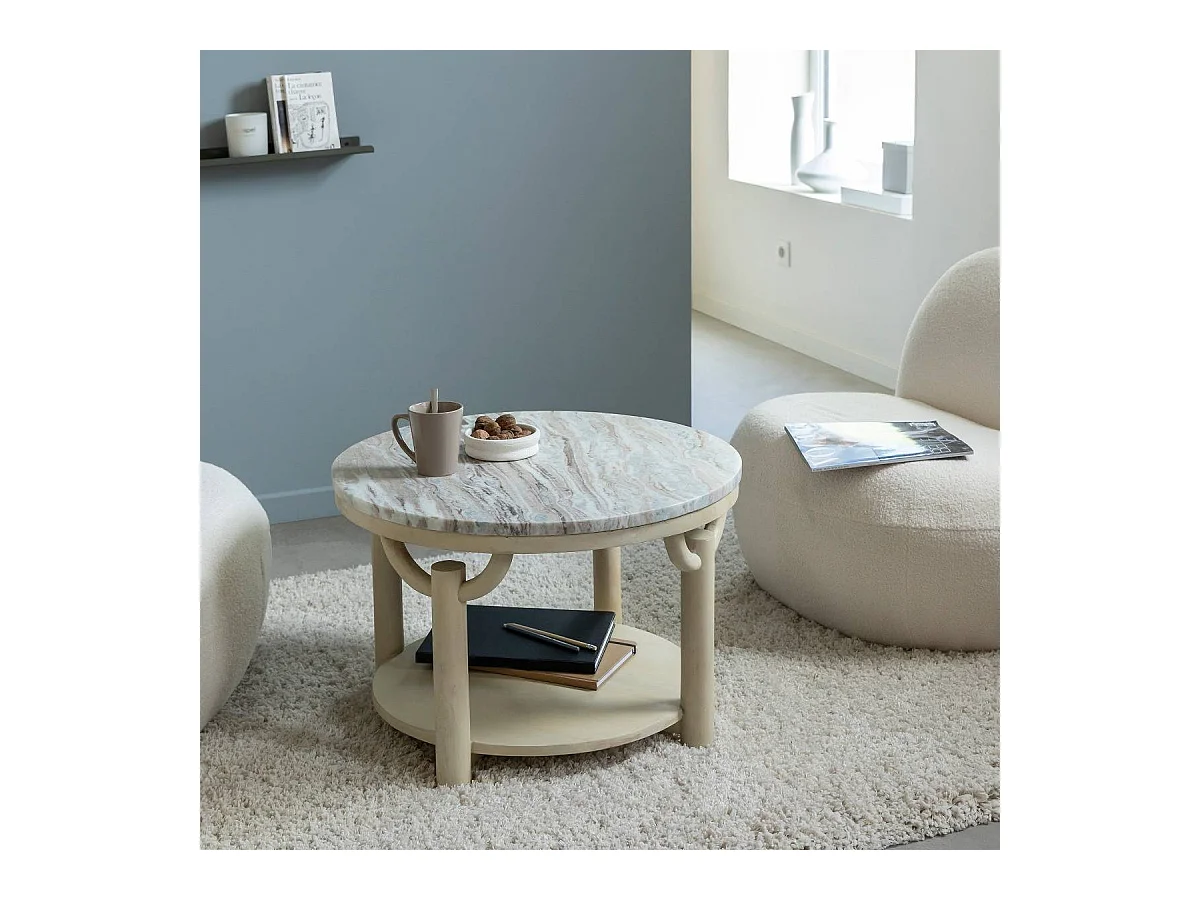 Table basse ronde en bois de manguier et marbre Isabella