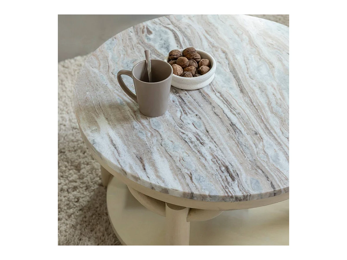 Table basse ronde en bois de manguier et marbre Isabella