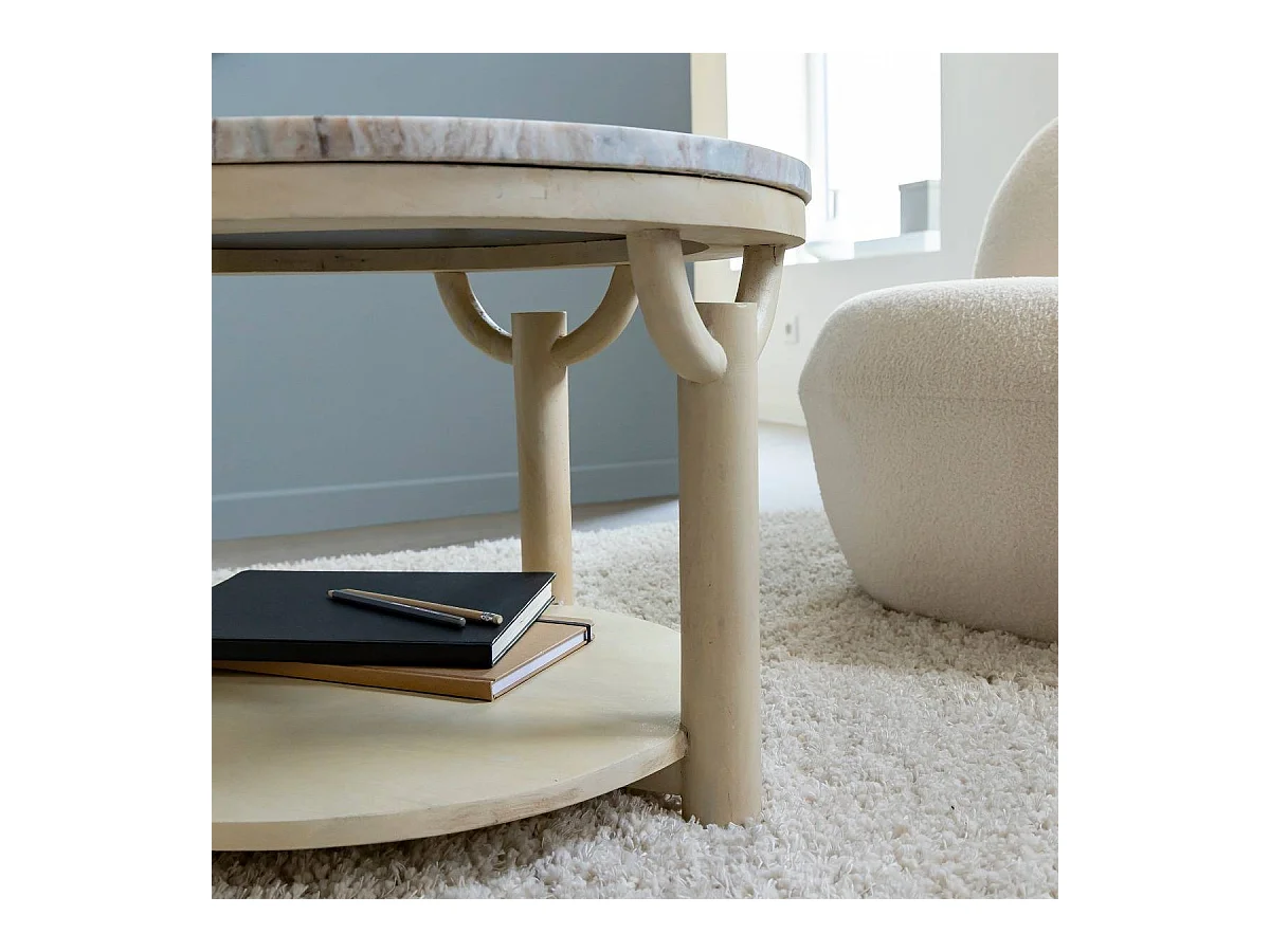 Table basse ronde en bois de manguier et marbre Isabella