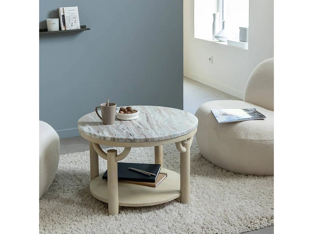 Table basse ronde en bois de manguier et marbre Isabella