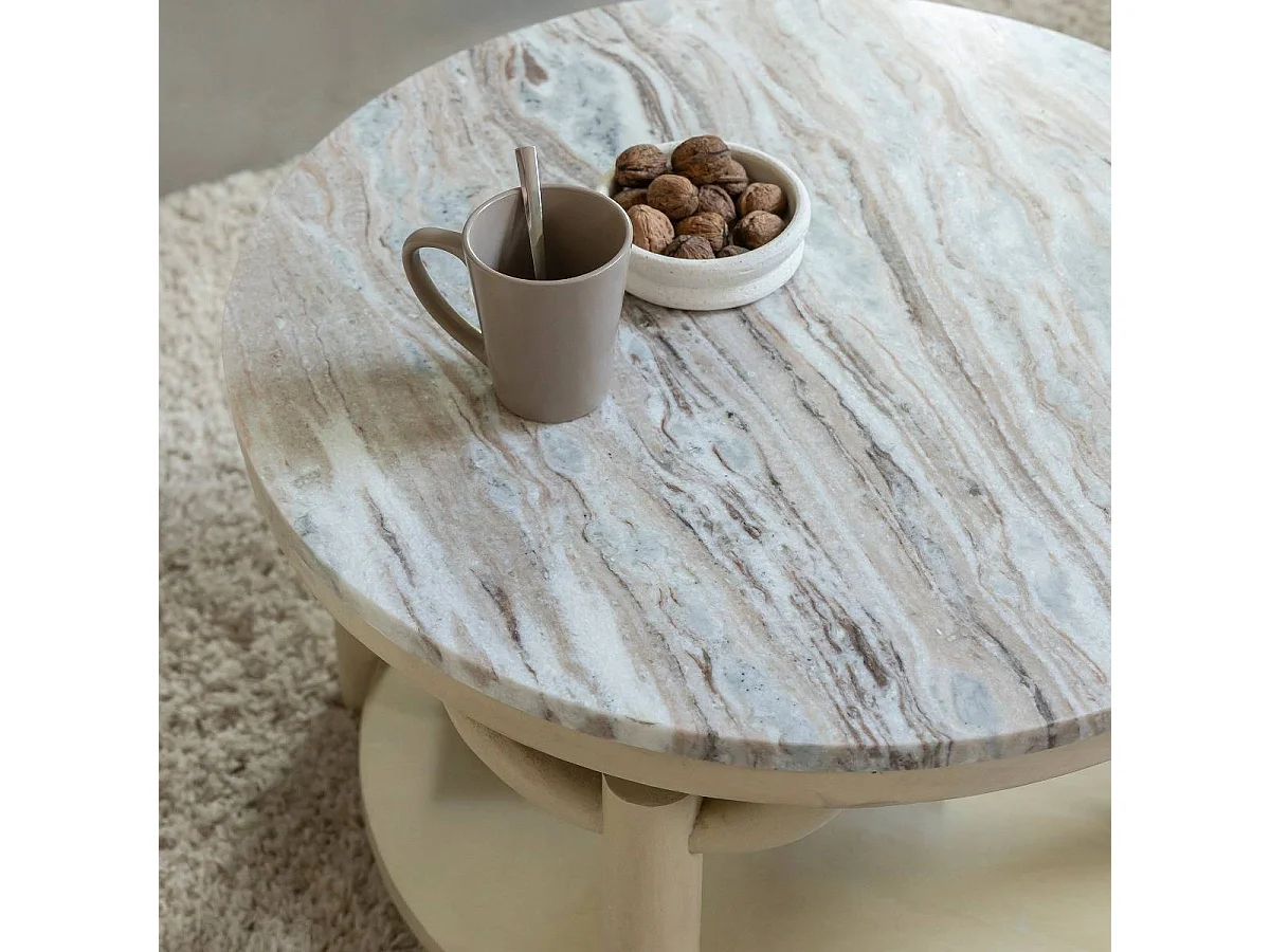 Table basse ronde en bois de manguier et marbre Isabella