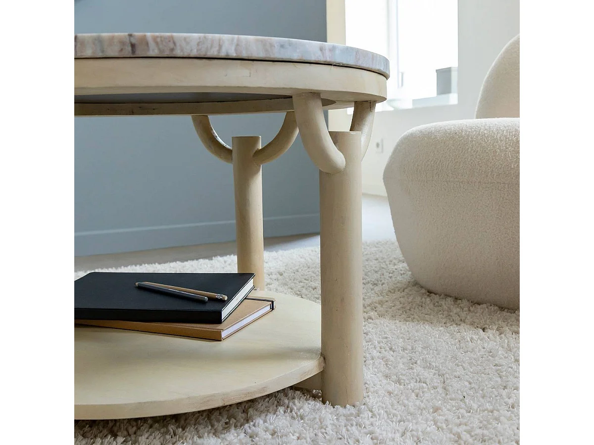Table basse ronde en bois de manguier et marbre Isabella