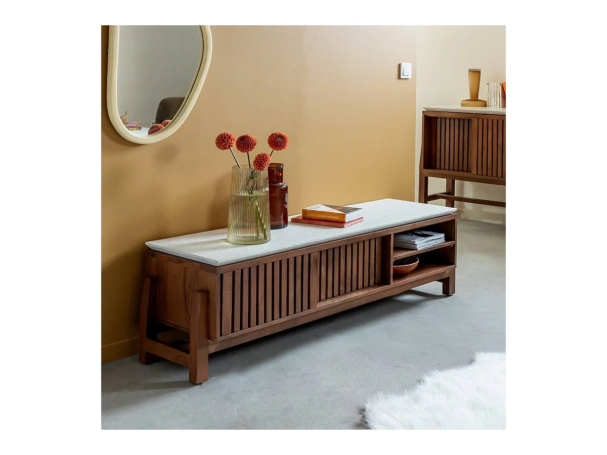 Meuble TV en bois d'acacia et terrazzo Kaelis