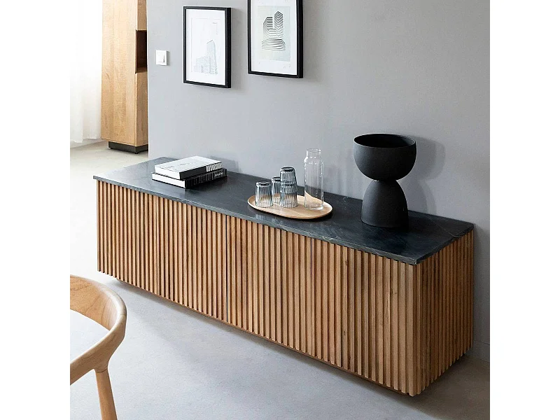 Meuble TV en bois de manguier et marbre Betty