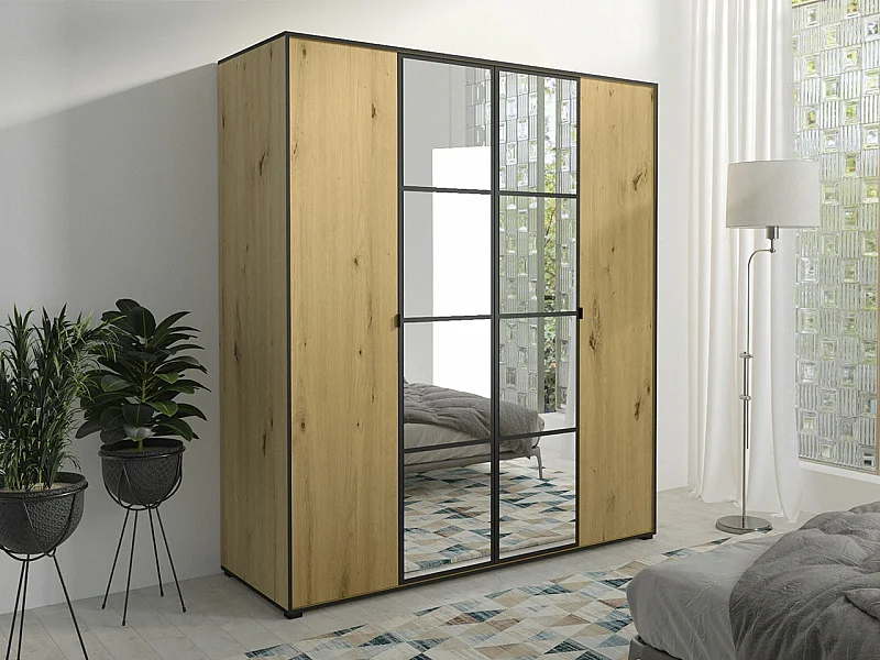 Armario Toledo 117, Negro|Roble Artisan, 206x180x65cm, Puertas de armario: Con bisagras