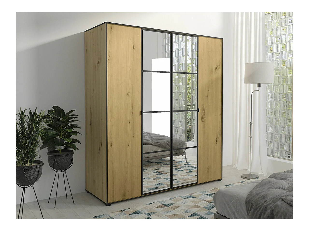 Armario Toledo 117, Negro|Roble Artisan, 206x180x65cm, Puertas de armario: Con bisagras