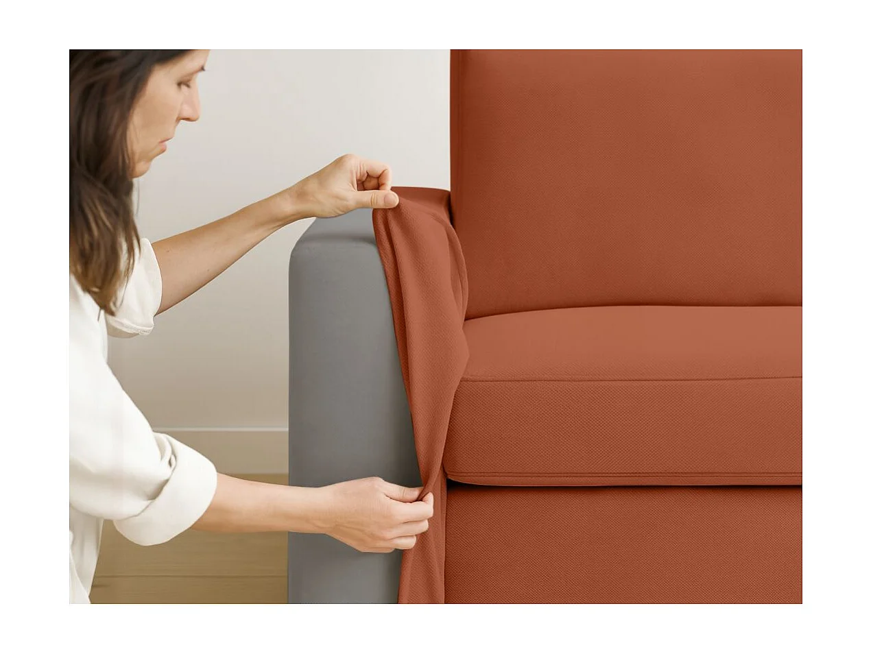Canapé convertible express 3 places déhoussable en tissu terracotta ADELE