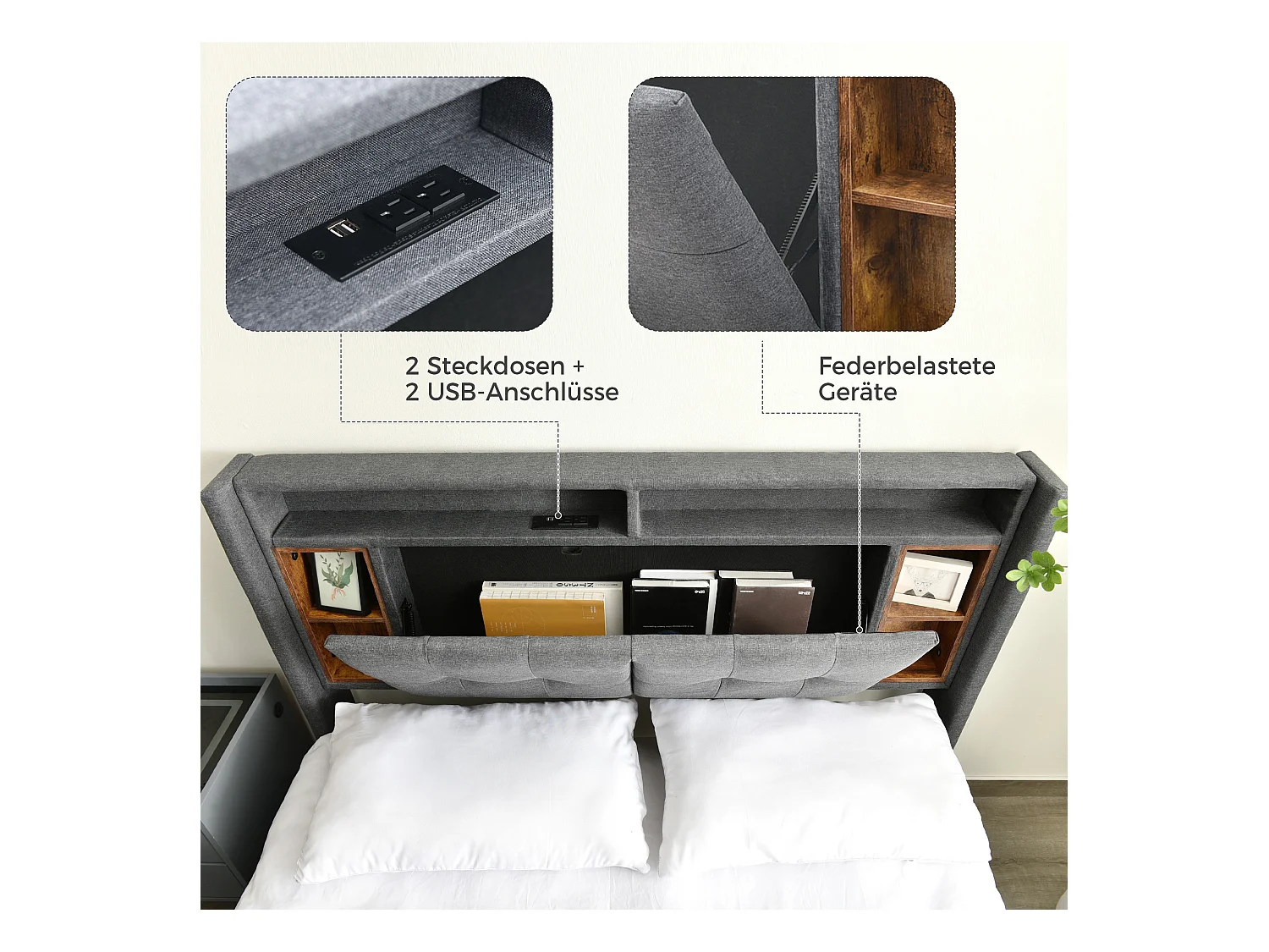 URBAN MEUBLE Lit double capitonné gris avec tête de lit rangement éclairage LED 160*200