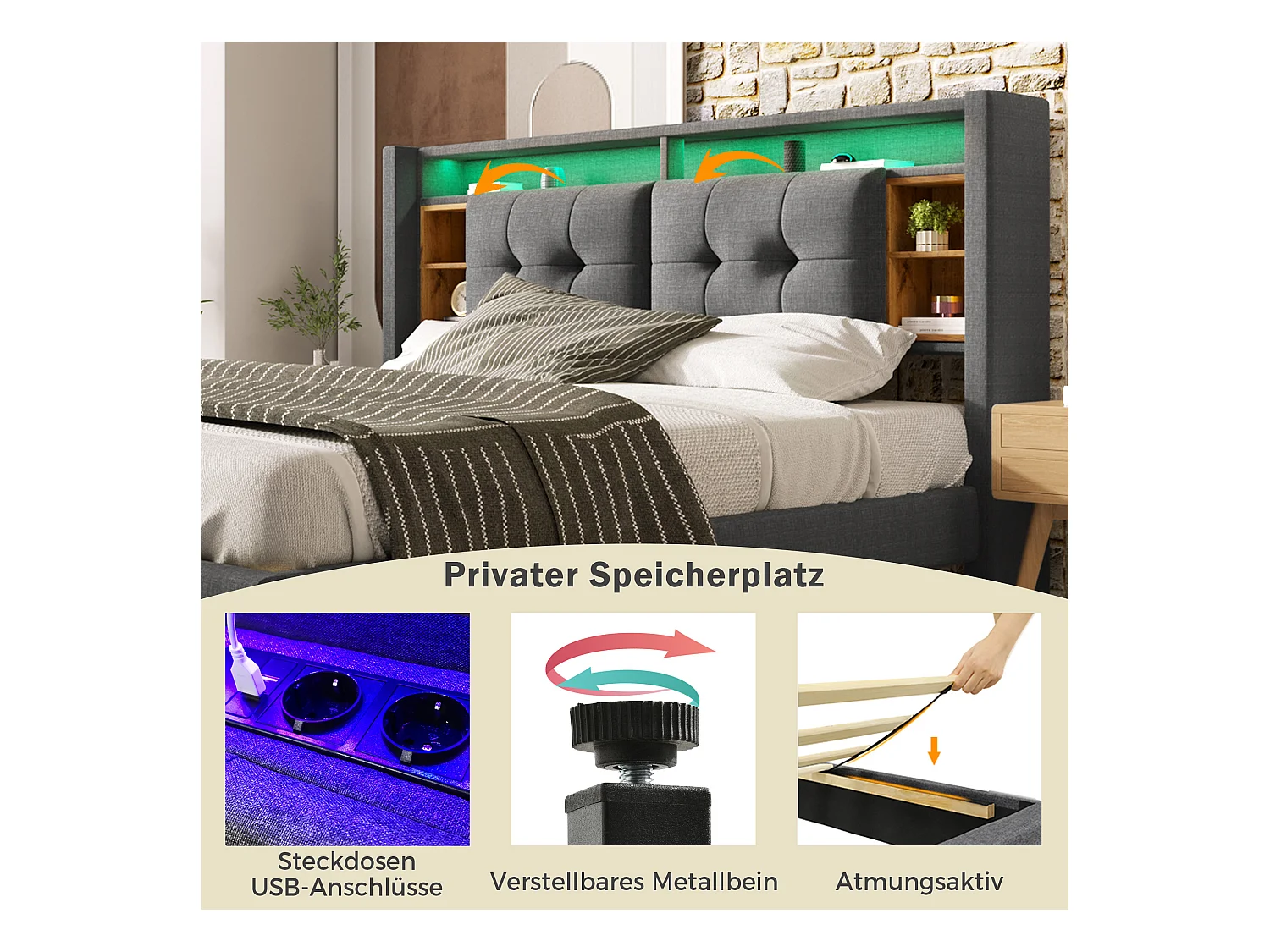 URBAN MEUBLE Lit double capitonné gris avec tête de lit rangement éclairage LED 160*200