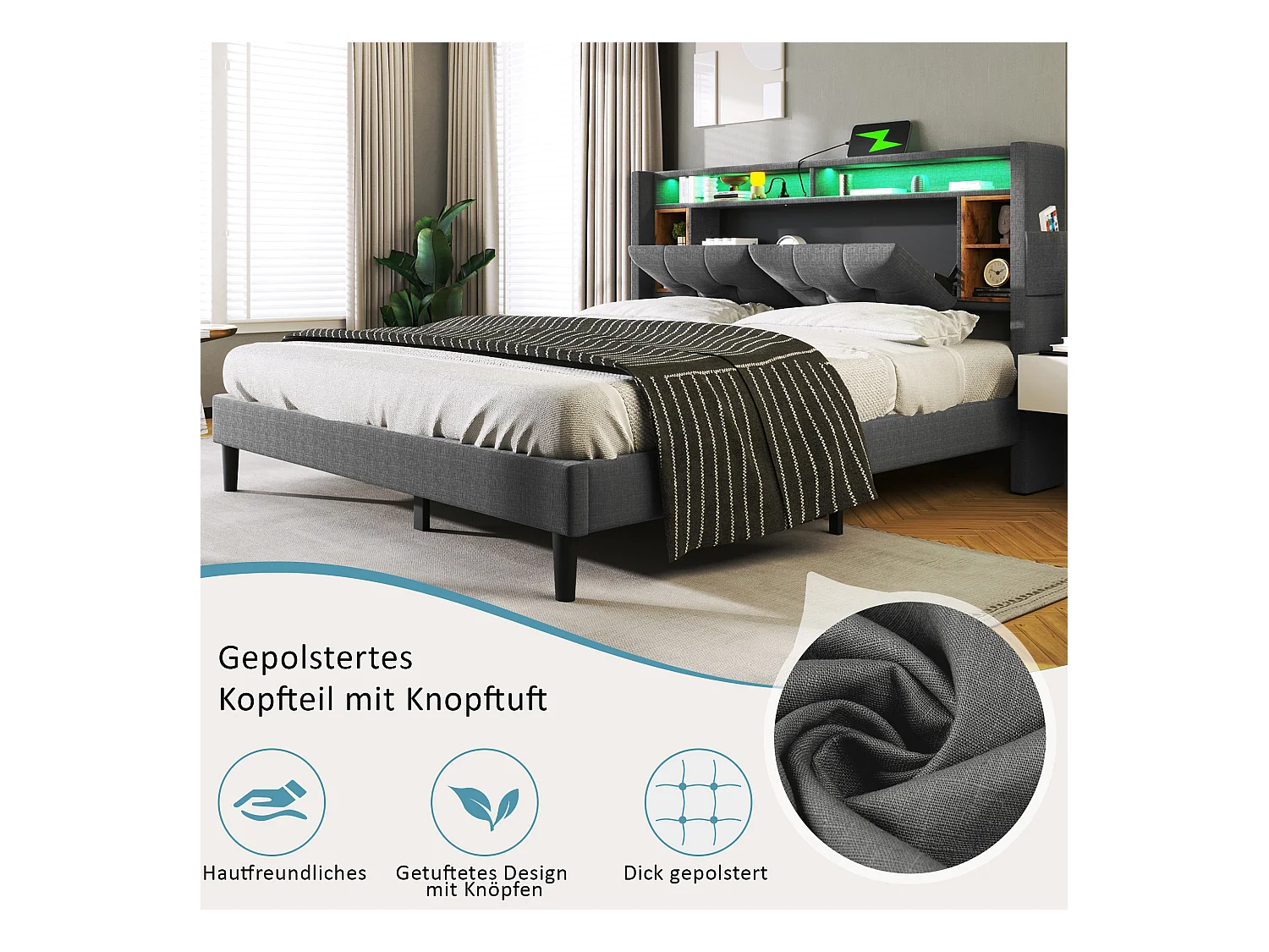 URBAN MEUBLE Lit double capitonné gris avec tête de lit rangement éclairage LED 160*200