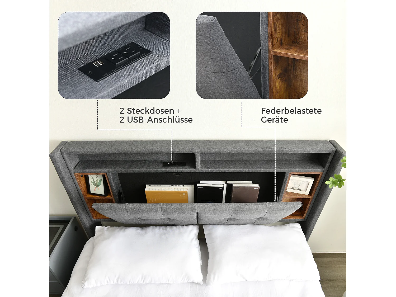 URBAN MEUBLE Lit double capitonné gris avec tête de lit rangement éclairage LED 160*200