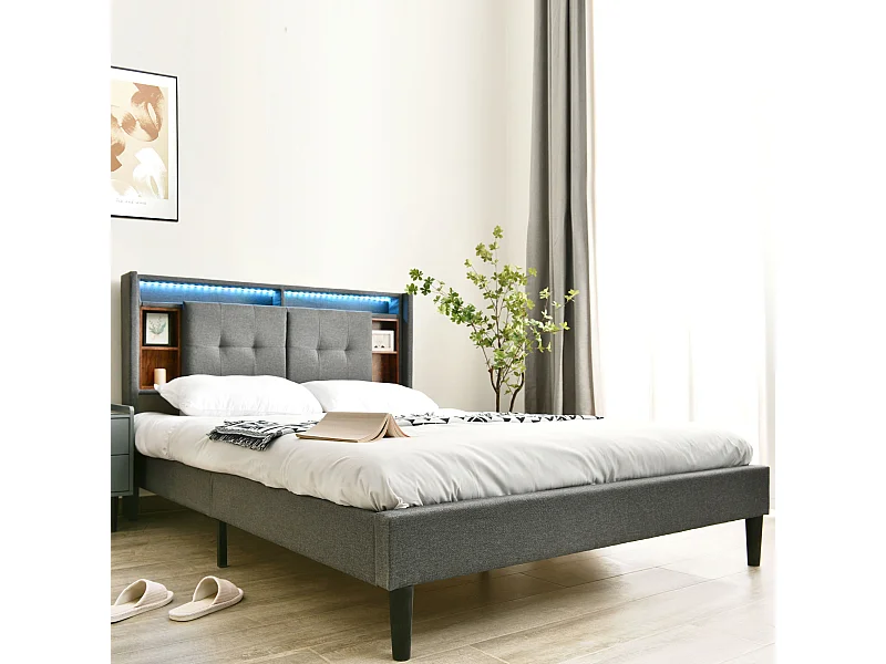 URBAN MEUBLE Lit double capitonné gris avec tête de lit rangement éclairage LED 160*200