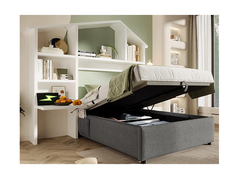 Polsterbett mit Stauraum 90×200 cm - Leinenstoff - mit Ladestationen - mit weißem Bücherregal - grau (ohne Matratze)