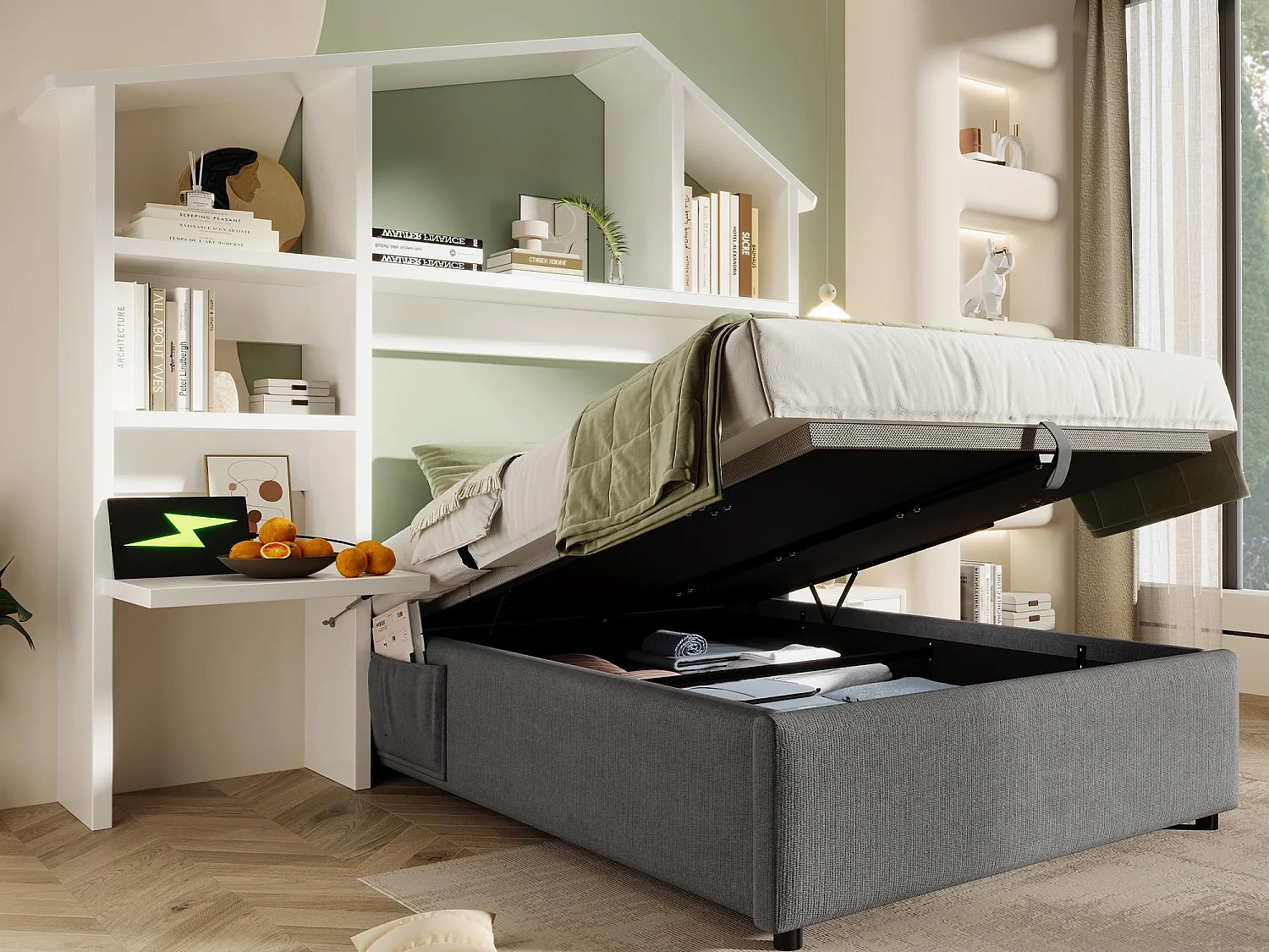 Lit coffre rembourré 90×200cm - tissu en lin - avec prises de recharge - avec bibliothèque blanche - Gris (sans matelas)