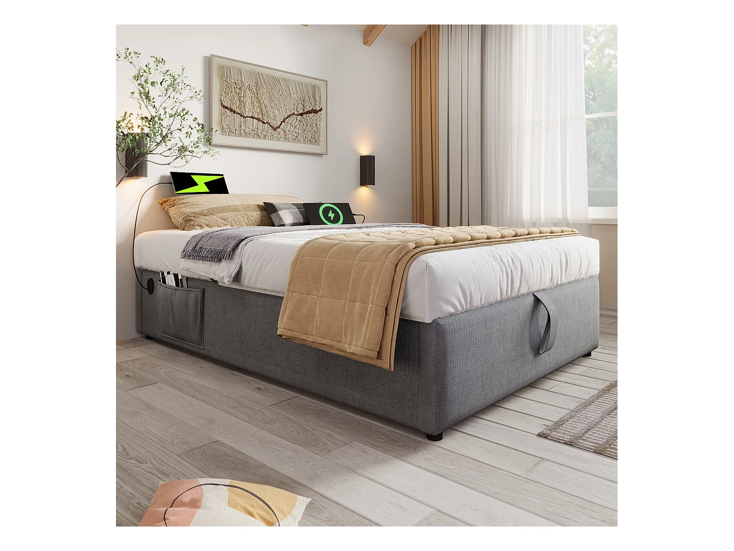 Lit coffre rembourré 90×200cm - tissu en lin - avec prises de recharge - avec bibliothèque blanche - Gris (sans matelas)