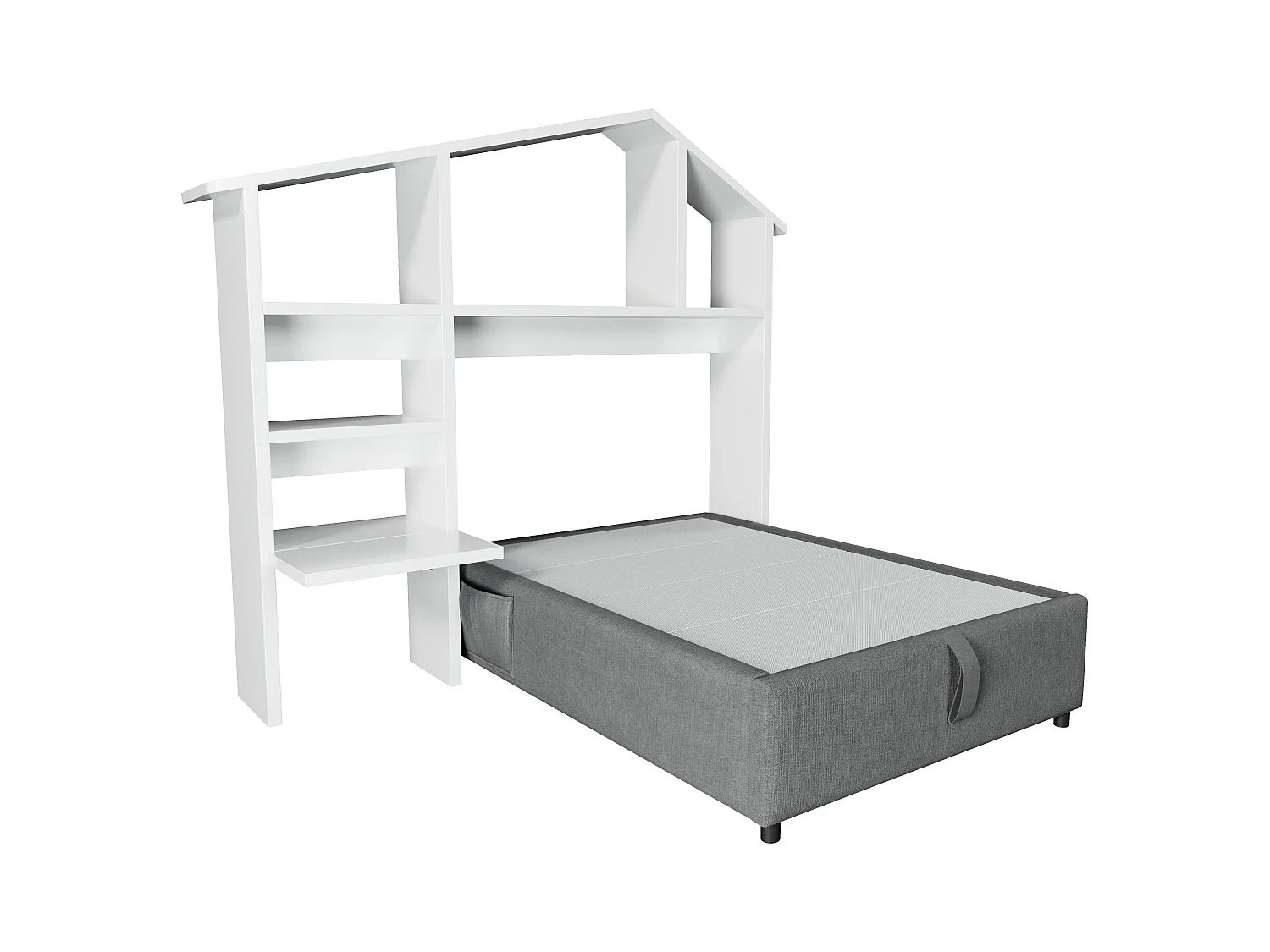 Lit coffre rembourré 90×200cm - tissu en lin - avec prises de recharge - avec bibliothèque blanche - Gris (sans matelas)