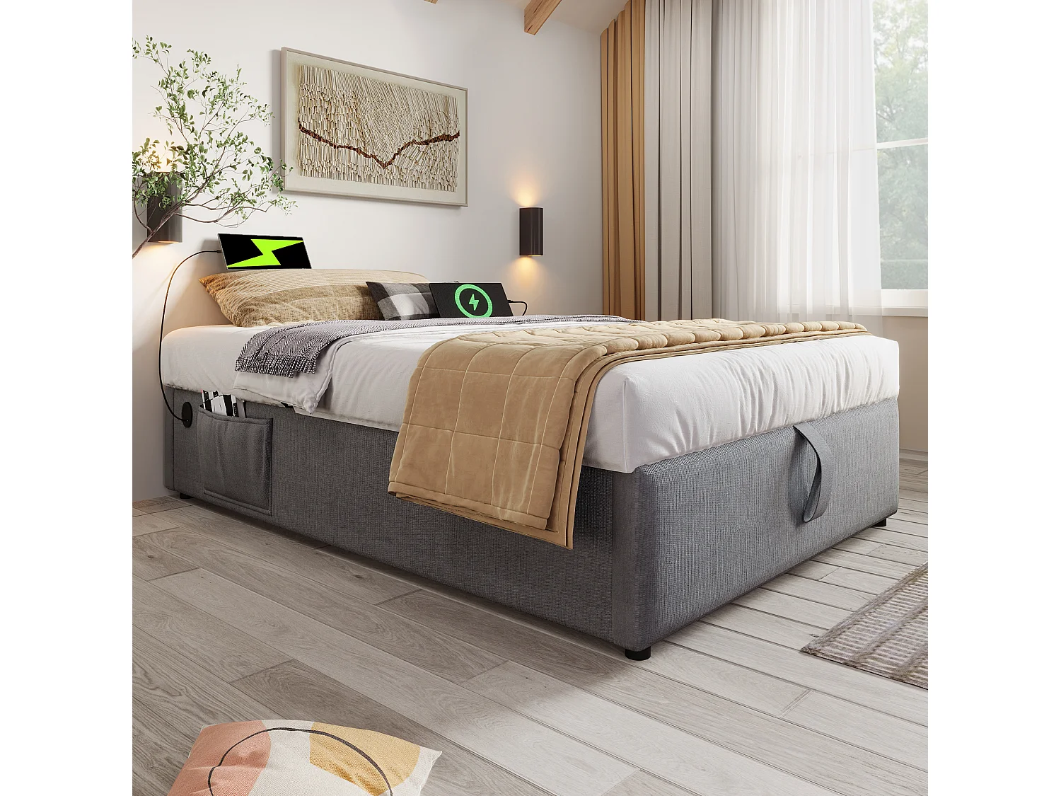 Lit coffre rembourré 90×200cm - tissu en lin - avec prises de recharge - avec bibliothèque blanche - Gris (sans matelas)