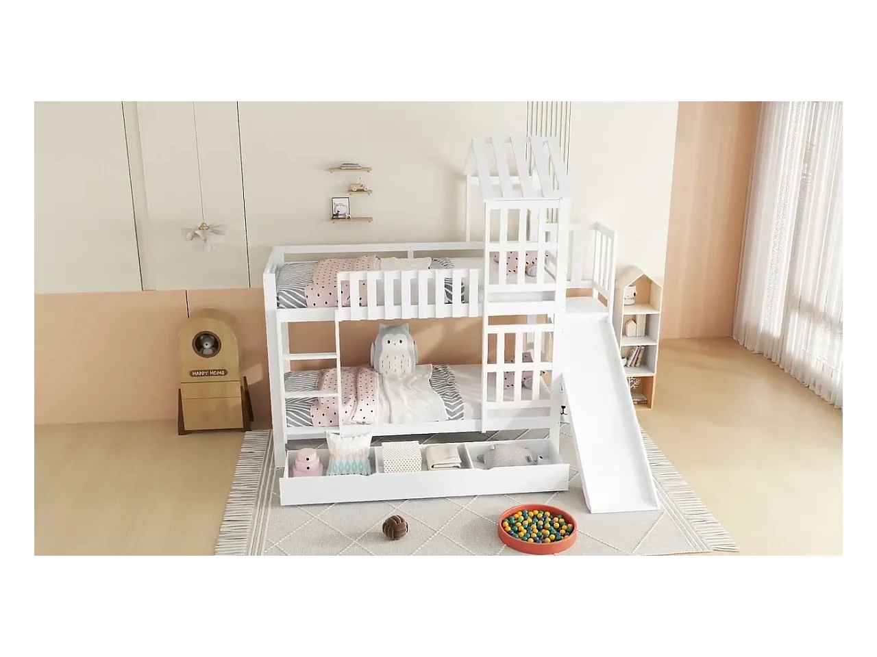 Lit superposé 90x200 cm - avec toboggan - avec 1 tiroir - avec toit et fenêtres - Bois massif + MDF - Blanc (sans matelas)