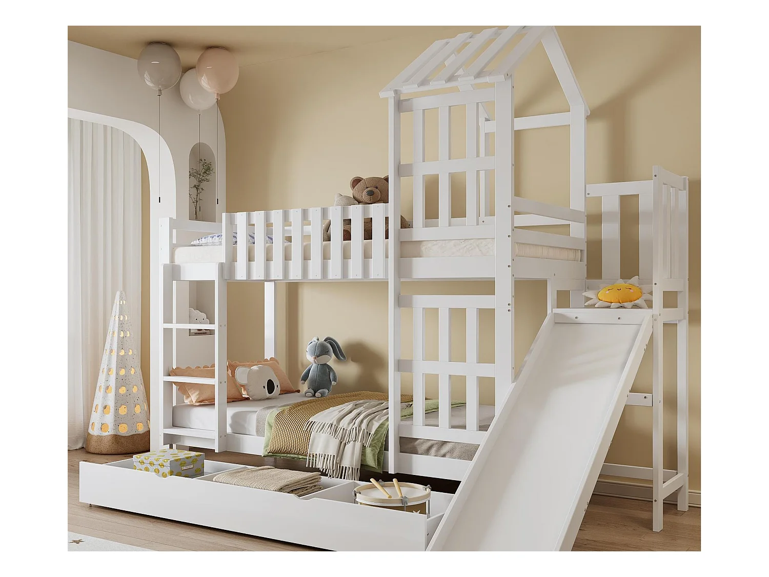 Lit superposé 90x200 cm - avec toboggan - avec 1 tiroir - avec toit et fenêtres - Bois massif + MDF - Blanc (sans matelas)