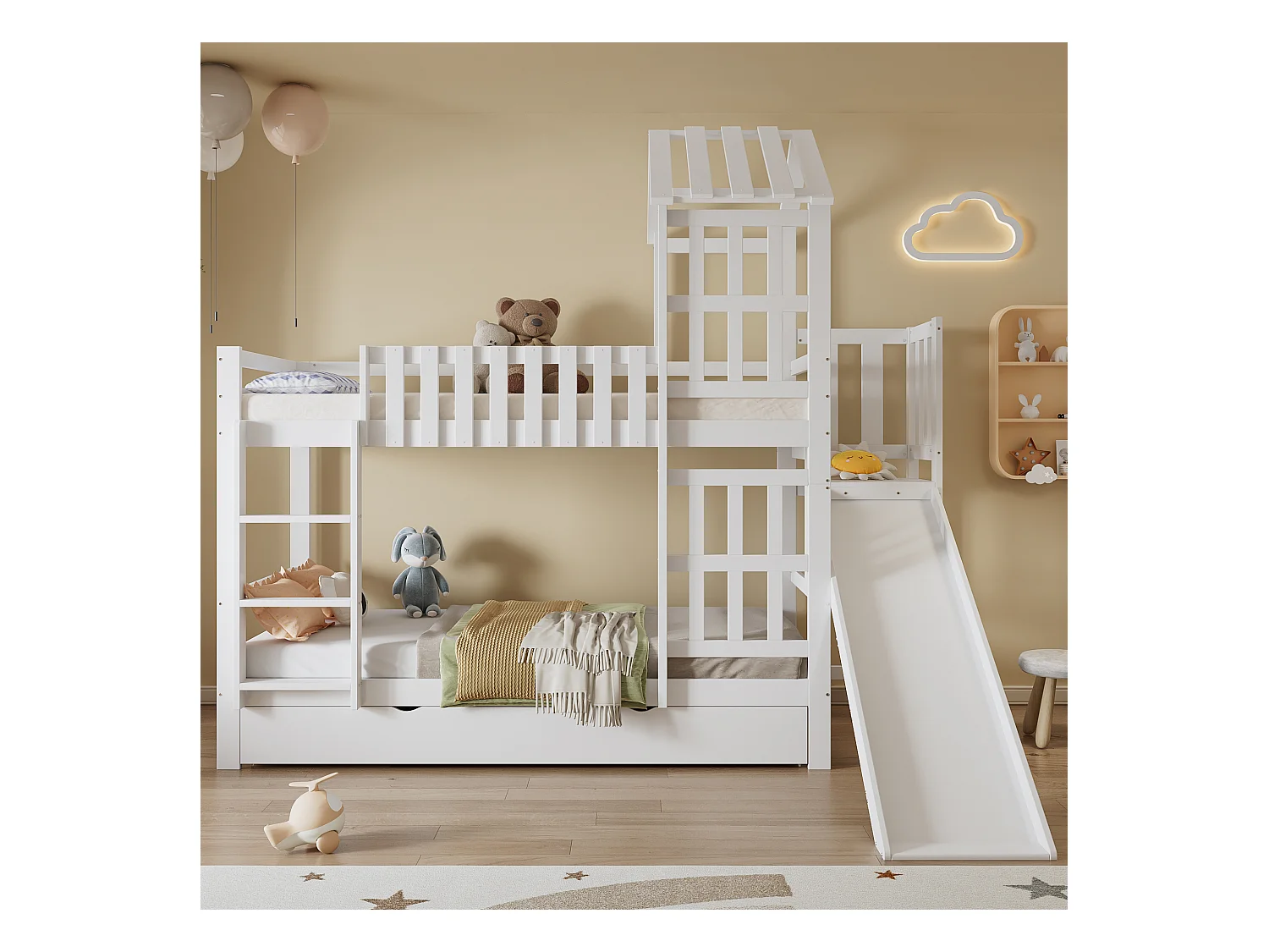 Lit superposé 90x200 cm - avec toboggan - avec 1 tiroir - avec toit et fenêtres - Bois massif + MDF - Blanc (sans matelas)