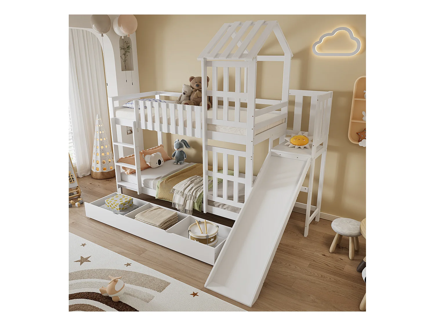 Lit superposé 90x200 cm - avec toboggan - avec 1 tiroir - avec toit et fenêtres - Bois massif + MDF - Blanc (sans matelas)